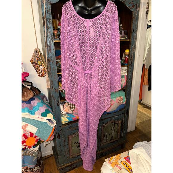 NWT SUNDRESS HELENE LAVENDER LILAC CROCHET SEQUINS CAFTAN KAFTAN f - Picture 11 of 12